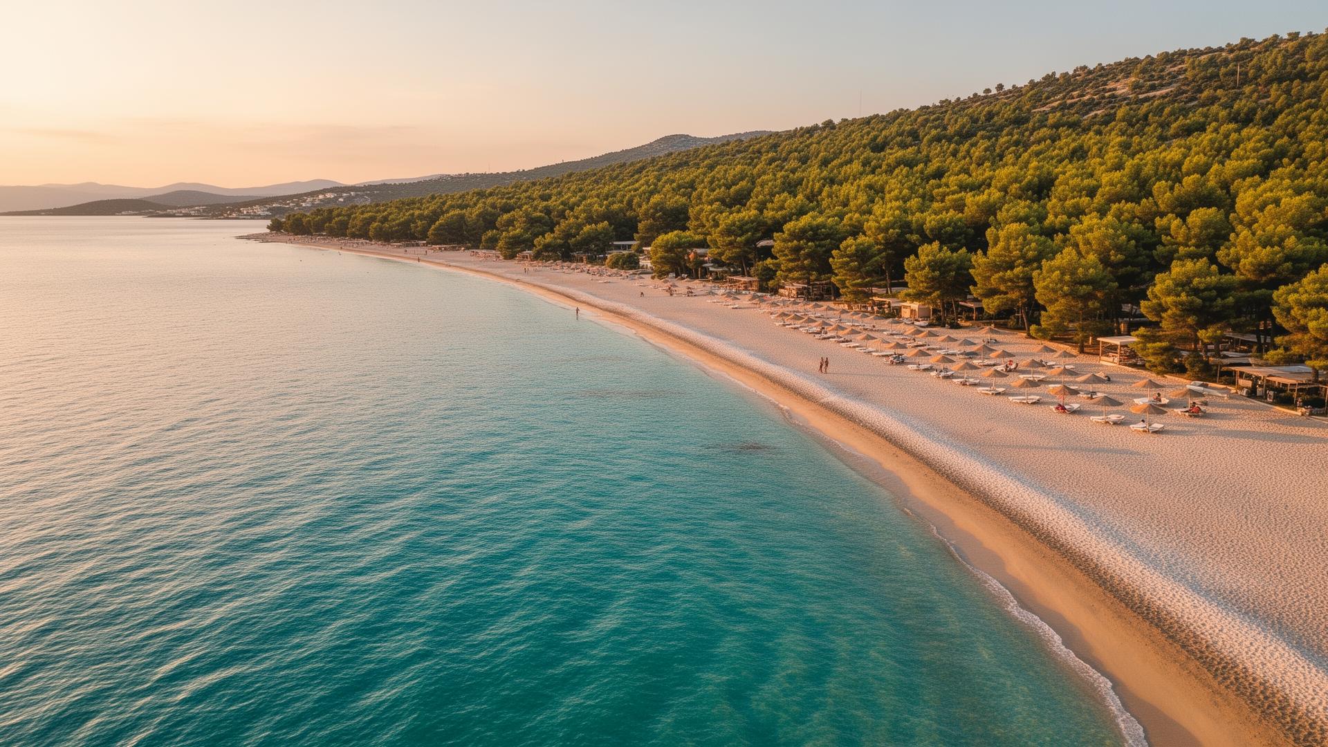 Aerial view of Ofrynio Beach at golden hour